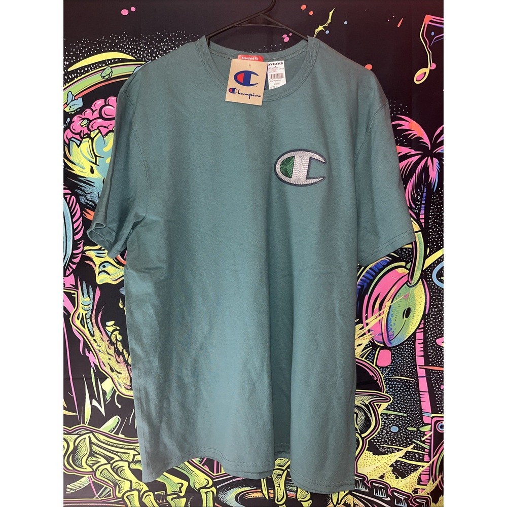 Champion Mens Shirt L Green Big Logo Floss Stich Short Sleeve Embroidered